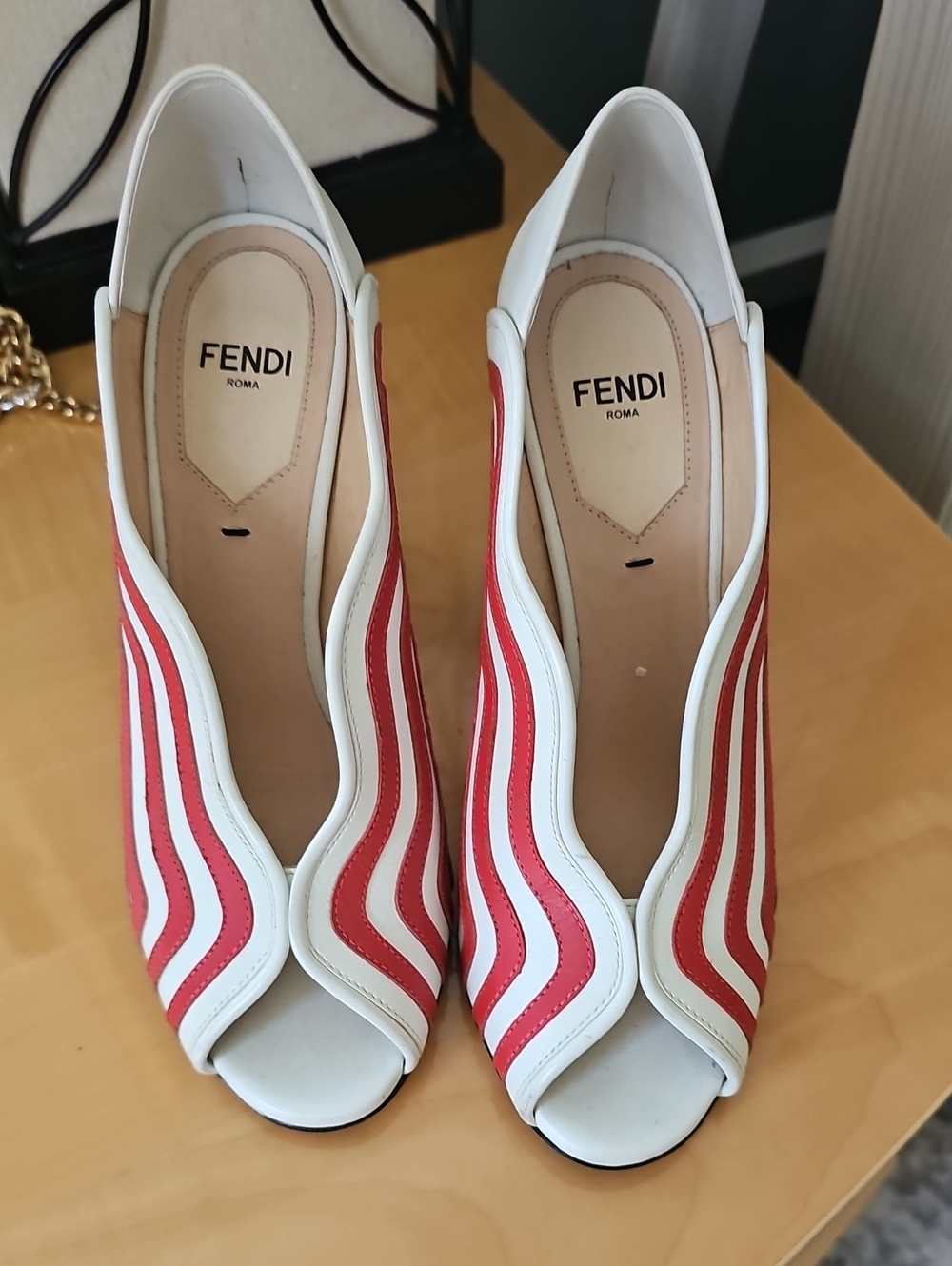 Fendi Women’s White and Red Peep-Toe Leather Pumps